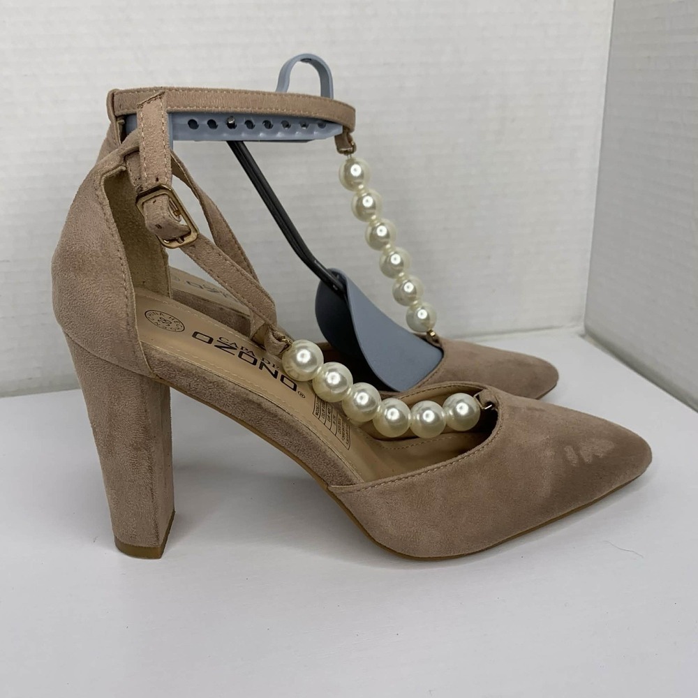 Capa de Ozono Beige Faux Suede Pearl Embellished Ankle Strap Heels Size 8